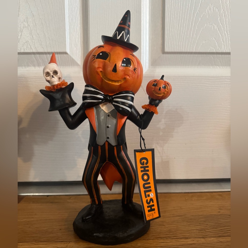 Ghoulish Halloween Pumpkin Figurine - Orange and Black